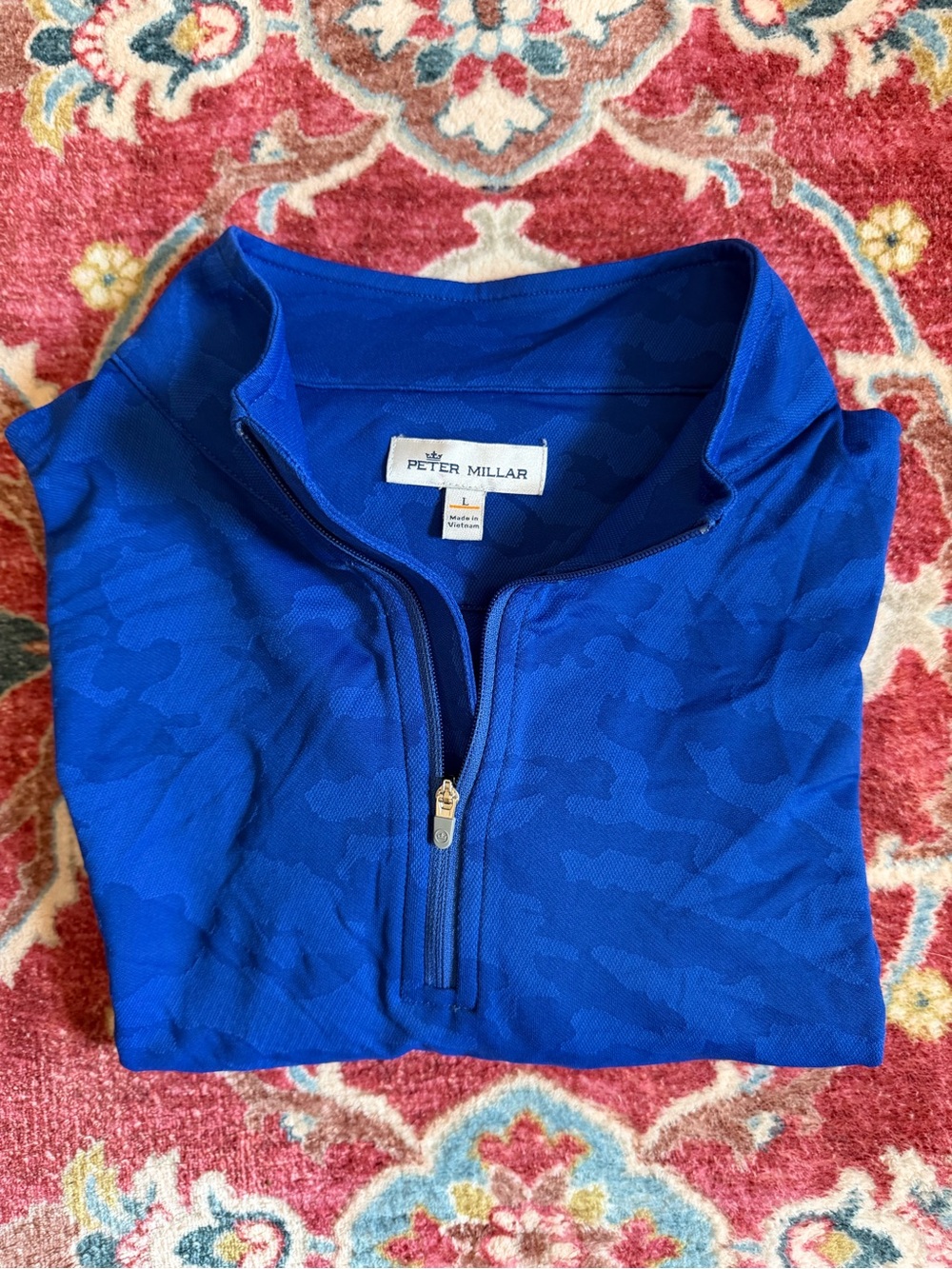 Peter Millar Men's Blue Camo Performance 1/4 Zip Golf Pullover, Size Large